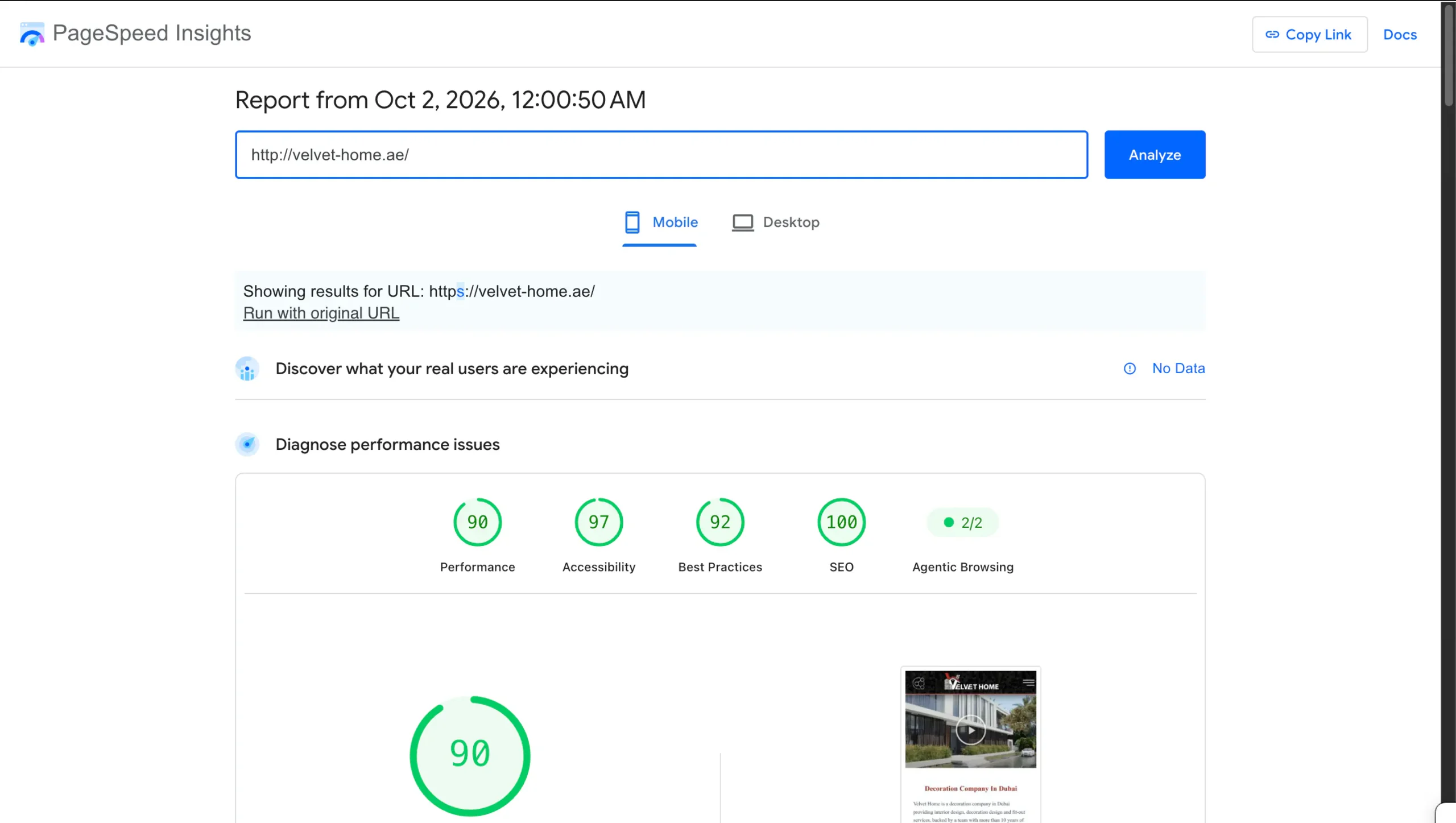 Velvet Home PageSpeed Insights mobile performance and SEO report for a WordPress project