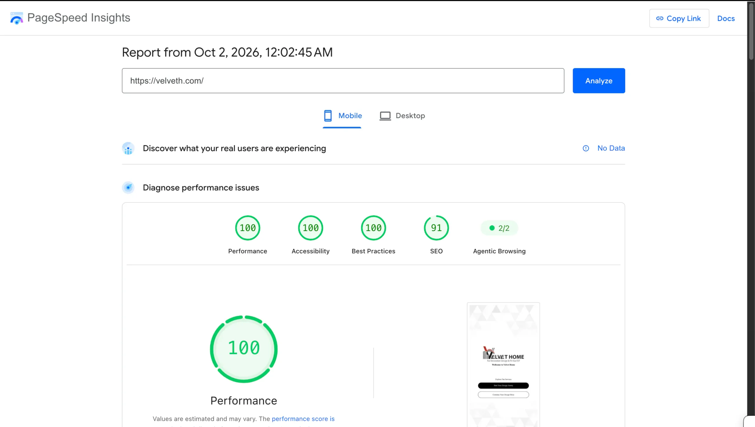 Velveth mobile PageSpeed Insights report showing 100 performance score